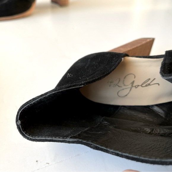 42 Gold Black Suede Heeled Peep Toe Ankle Booties Size 6 - Picture 13 of 14